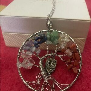 18 k White Gold Plated, Silver and Red Tree of Life Pendant.